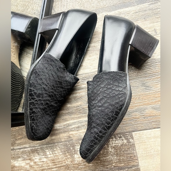 VTG 90s Gothic chic Italian square toe black fabric & leather chunky heels • 7.5 - Picture 8 of 16